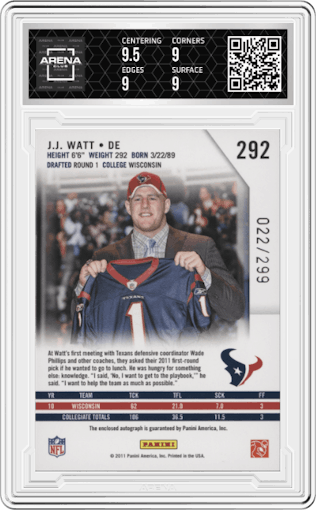 J.J. Watt from the 2011 Panini Rookies & Stars set graded by Arena Club and given an overall grade of 9.