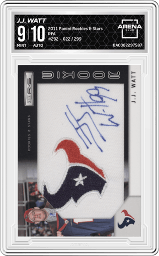 J.J. Watt from the 2011 Panini Rookies & Stars set graded by Arena Club and given an overall grade of 9.