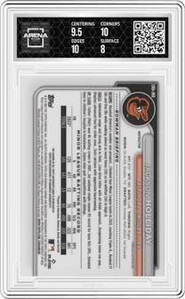 Jackson Holliday from the 2024 Bowman Chrome set featuring a Refractor parallel graded by Arena Club and given an overall grade of 8.5.