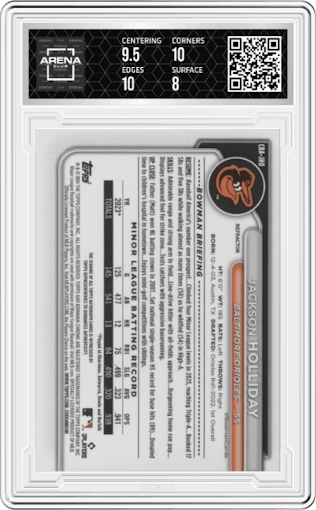 Jackson Holliday from the 2024 Bowman Chrome set featuring a Refractor parallel graded by Arena Club and given an overall grade of 8.5.