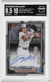 Jackson Holliday from the 2024 Bowman Chrome set featuring a Refractor parallel graded by Arena Club and given an overall grade of 8.5.