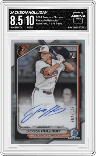 Jackson Holliday from the 2024 Bowman Chrome set featuring a Refractor parallel graded by Arena Club and given an overall grade of 8.5.