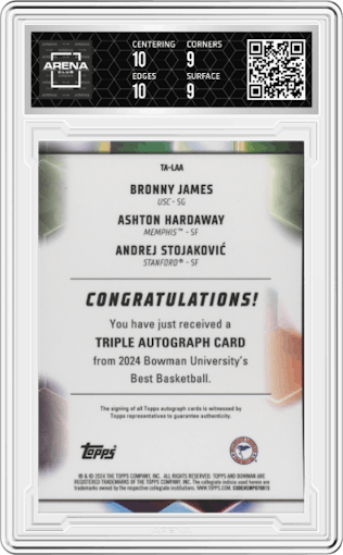 Bronny James/Ashton Hardaway/Andrej Stojakovic from the 2023-24 Bowman Best University set graded by Arena Club and given an overall grade of 9.5.