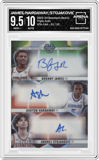 Bronny James/Ashton Hardaway/Andrej Stojakovic from the 2023-24 Bowman Best University set graded by Arena Club and given an overall grade of 9.5.