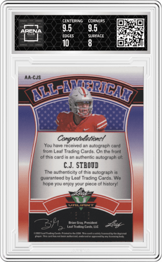 C.J. Stroud from the 2022 Leaf Valiant set featuring a Purple parallel graded by Arena Club and given an overall grade of 8.5.