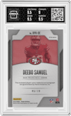 Deebo Samuel from the 2019 Panini Prizm set featuring a Purple Power parallel graded by Arena Club and given an overall grade of 9.5.