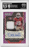 Deebo Samuel from the 2019 Panini Prizm set featuring a Purple Power parallel graded by Arena Club and given an overall grade of 9.5.