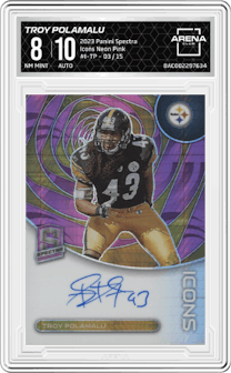 Troy Polamalu from the 2023 Panini Spectra set featuring a Neon Pink parallel graded by Arena Club and given an overall grade of 8.