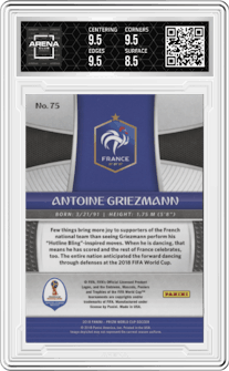 Antoine Griezmann from the 2018 Panini Prizm World Cup set featuring a Cyrillic Text parallel graded by Arena Club and given an overall grade of 9.