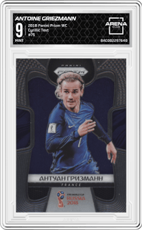 Antoine Griezmann from the 2018 Panini Prizm World Cup set featuring a Cyrillic Text parallel graded by Arena Club and given an overall grade of 9.