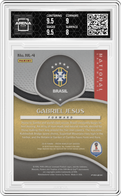 Gabriel Jesus from the 2018 Panini Prizm World Cup set and given an overall grade of 8.5.