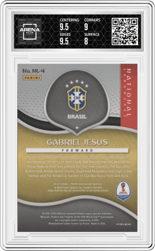 Gabriel Jesus from the 2018 Panini Prizm World Cup set graded by Arena Club and given an overall grade of 8.5.