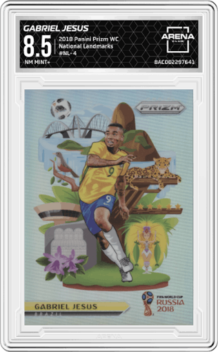 Gabriel Jesus from the 2018 Panini Prizm World Cup set graded by Arena Club and given an overall grade of 8.5.