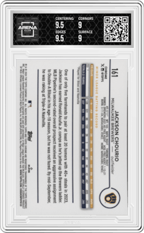 Jackson Chourio from the 2024 Topps Chrome Logofractor set featuring a Green MLB Refractor parallel graded by Arena Club and given an overall grade of 9.5.