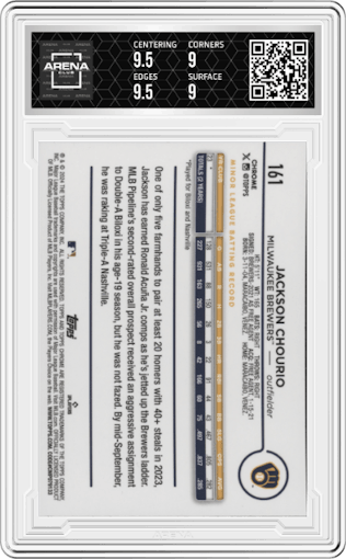 Jackson Chourio from the 2024 Topps Chrome Logofractor set featuring a Green MLB Refractor parallel graded by Arena Club and given an overall grade of 9.5.