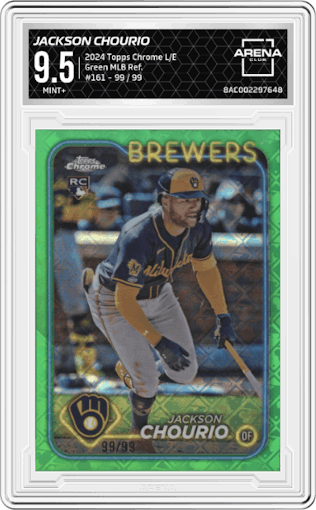 Jackson Chourio from the 2024 Topps Chrome Logofractor set featuring a Green MLB Refractor parallel graded by Arena Club and given an overall grade of 9.5.