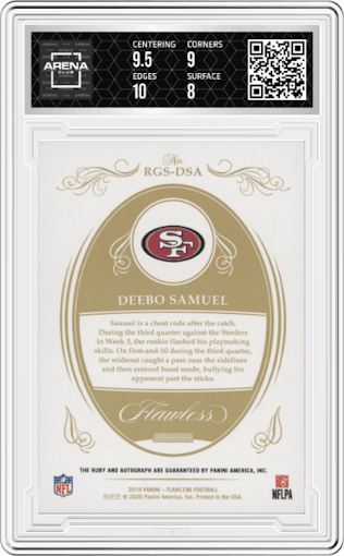 Deebo Samuel from the 2019 Panini Flawless set graded by Arena Club and given an overall grade of 8.5.