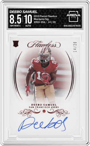 Deebo Samuel from the 2019 Panini Flawless set graded by Arena Club and given an overall grade of 8.5.