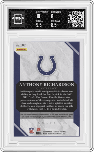 Anthony Richardson from the 2023 Panini Limited set featuring a Ruby Spotlight parallel graded by Arena Club and given an overall grade of 8.5.