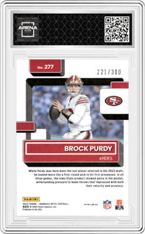 Brock Purdy from the 2022 Panini Donruss Optic set featuring a Wave parallel graded by Arena Club and given an overall grade of 0.