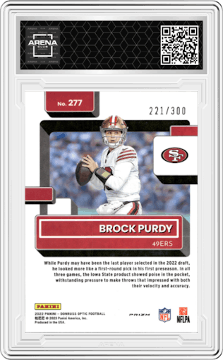Brock Purdy from the 2022 Panini Donruss Optic set featuring a Wave parallel graded by Arena Club.