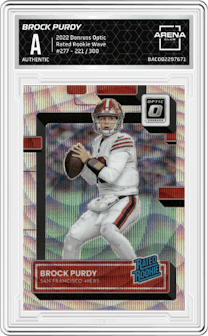 Brock Purdy from the 2022 Panini Donruss Optic set featuring a Wave parallel graded by Arena Club and given an overall grade of 0.