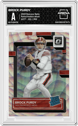 Brock Purdy from the 2022 Panini Donruss Optic set featuring a Wave parallel graded by Arena Club.