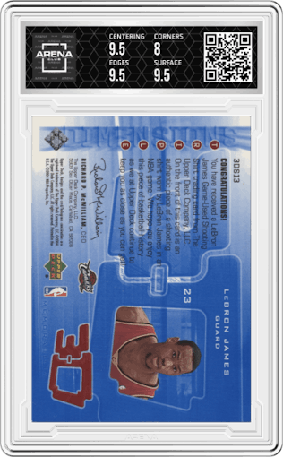 LeBron James from the 2003-04 Upper Deck Triple Dimensions set graded by Arena Club and given an overall grade of 8.5.