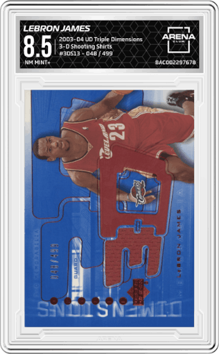LeBron James from the 2003-04 Upper Deck Triple Dimensions set graded by Arena Club and given an overall grade of 8.5.