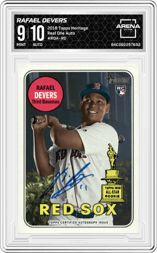Rafael Devers from the 2018 Topps Heritage set graded by Arena Club and given an overall grade of 9.