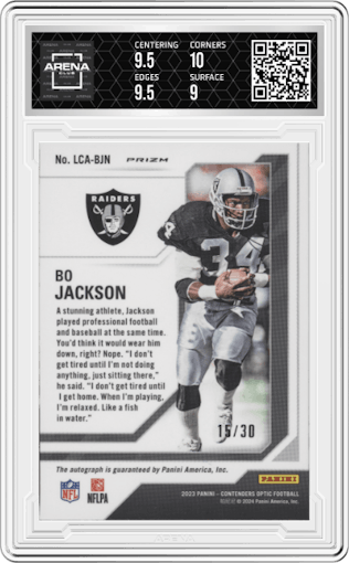 Bo Jackson from the 2023 Panini Contenders Optic set featuring a Green Pulsar parallel graded by Arena Club and given an overall grade of 9.5.