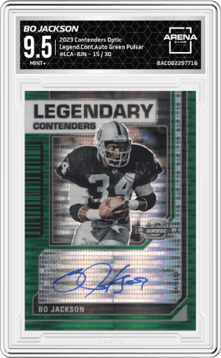 Bo Jackson from the 2023 Panini Contenders Optic set featuring a Green Pulsar parallel graded by Arena Club and given an overall grade of 9.5.
