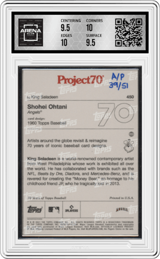 Shohei Ohtani from the 2021-22 Topps Project70 set featuring a Silver Frame Artist Proof parallel graded by Arena Club and given an overall grade of 10.