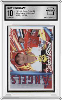 Shohei Ohtani from the 2021-22 Topps Project70 set featuring a Silver Frame Artist Proof parallel graded by Arena Club and given an overall grade of 10.