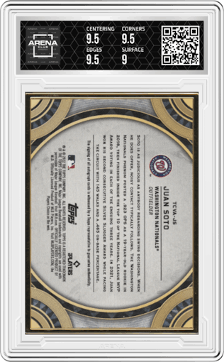 Juan Soto from the 2022 Topps Transcendent Collection set graded by Arena Club and given an overall grade of 9.5.