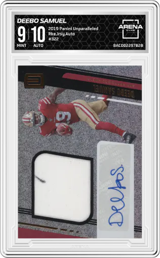 Deebo Samuel from the 2019 Panini Unparalleled set graded by Arena Club and given an overall grade of 9.