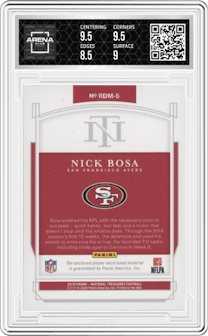 Nick Bosa from the 2019 Panini National Treasures set graded by Arena Club and given an overall grade of 9.