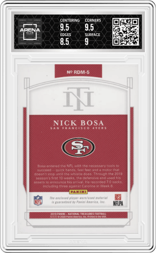 Nick Bosa from the 2019 Panini National Treasures set graded by Arena Club and given an overall grade of 9.