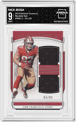 Nick Bosa from the 2019 Panini National Treasures set graded by Arena Club and given an overall grade of 9.