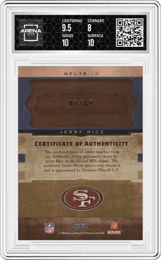 Jerry Rice  from the 2006 Playoff National Treasures set graded by Arena Club and given an overall grade of 8.5.