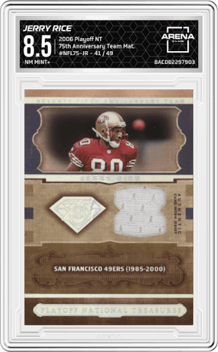 Jerry Rice  from the 2006 Playoff National Treasures set graded by Arena Club and given an overall grade of 8.5.