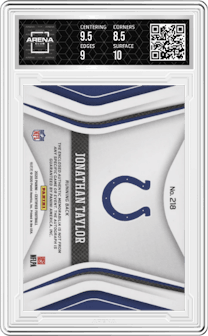 Jonathan Taylor from the 2020 Panini Certified set featuring a Mirror Blue parallel graded by Arena Club and given an overall grade of 9.