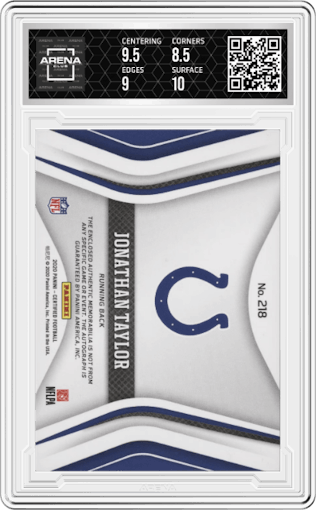 Jonathan Taylor from the 2020 Panini Certified set featuring a Mirror Blue parallel graded by Arena Club and given an overall grade of 9.