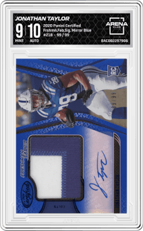 Jonathan Taylor from the 2020 Panini Certified set featuring a Mirror Blue parallel graded by Arena Club and given an overall grade of 9.
