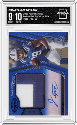 Jonathan Taylor from the 2020 Panini Certified set featuring a Mirror Blue parallel graded by Arena Club and given an overall grade of 9.
