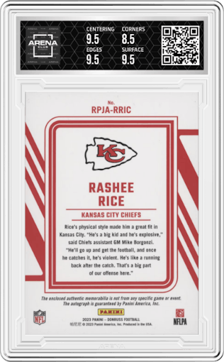 Rashee Rice from the 2023 Panini Donruss set featuring a Prime parallel graded by Arena Club and given an overall grade of 9.