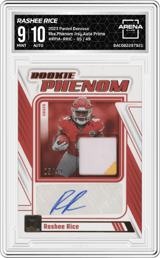 Rashee Rice from the 2023 Panini Donruss set featuring a Prime parallel graded by Arena Club and given an overall grade of 9.