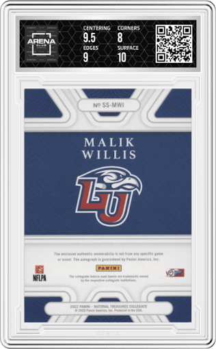 Malik Willis from the 2022 Panini National Treasures Collegiate set featuring a Purple parallel graded by Arena Club and given an overall grade of 8.5.