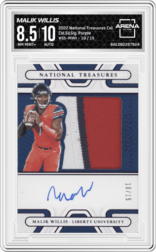 Malik Willis from the 2022 Panini National Treasures Collegiate set featuring a Purple parallel graded by Arena Club and given an overall grade of 8.5.