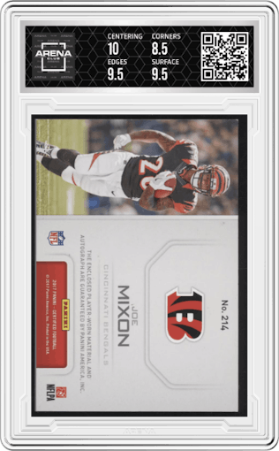 Joe Mixon from the 2017 Panini Certified set featuring a Mirror Orange parallel graded by Arena Club and given an overall grade of 9.
